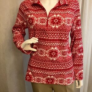 Lands End Fleece Red & White half zip pull over. Size M 10-12.
